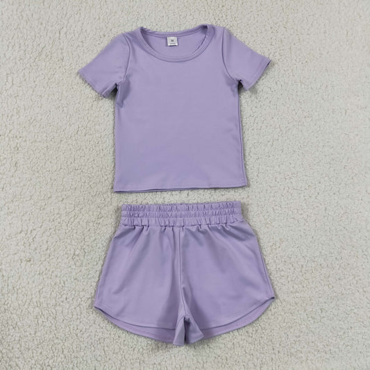 RTS NO MOQ Yoga GT1628+SS0895 Baby Girls Lavender Short Sleeve Top Sport Yoga Shorts Sets