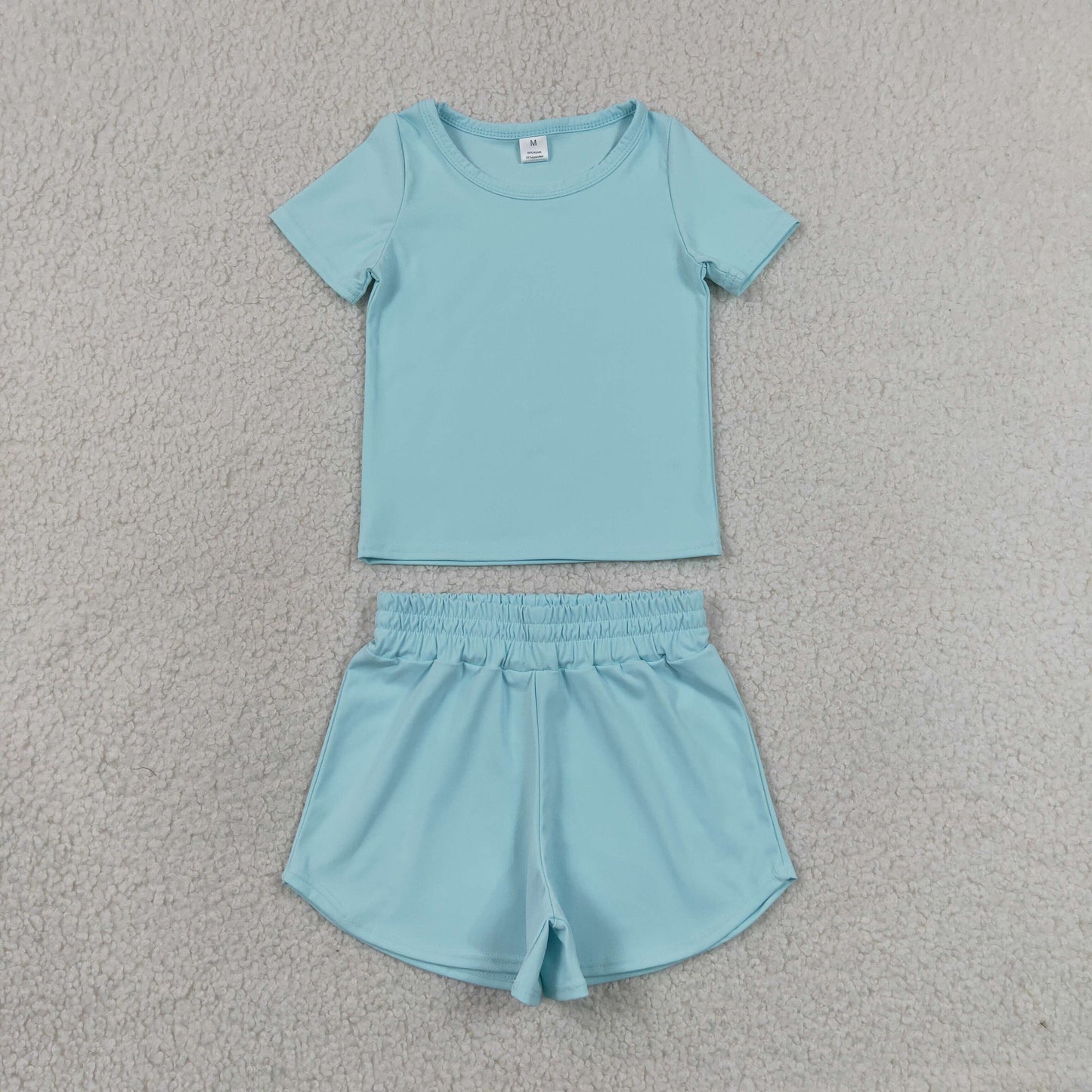 RTS NO MOQ Yoga GT1631+SS0898 Baby Girls Light Blue Short Sleeve Yoga Active T-shirts Top Shorts Set