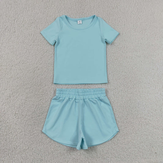 RTS NO MOQ Yoga GT1631+SS0898 Baby Girls Light Blue Short Sleeve Yoga Active T-shirts Top Shorts Set