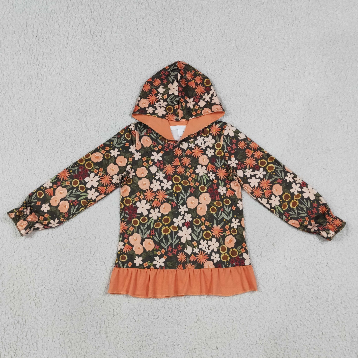 NEW RTS NO MOQ milk silk GT1644 Baby Girls Flower Print Ruffle Cuff Hooded Sweatshirt Casual Top
