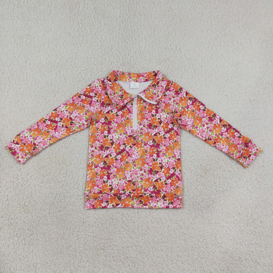 NEW RTS NO MOQ milk silk GT1652 Baby Girls Colorful Floral Print Long Sleeve Quarter Zip Pullover Top