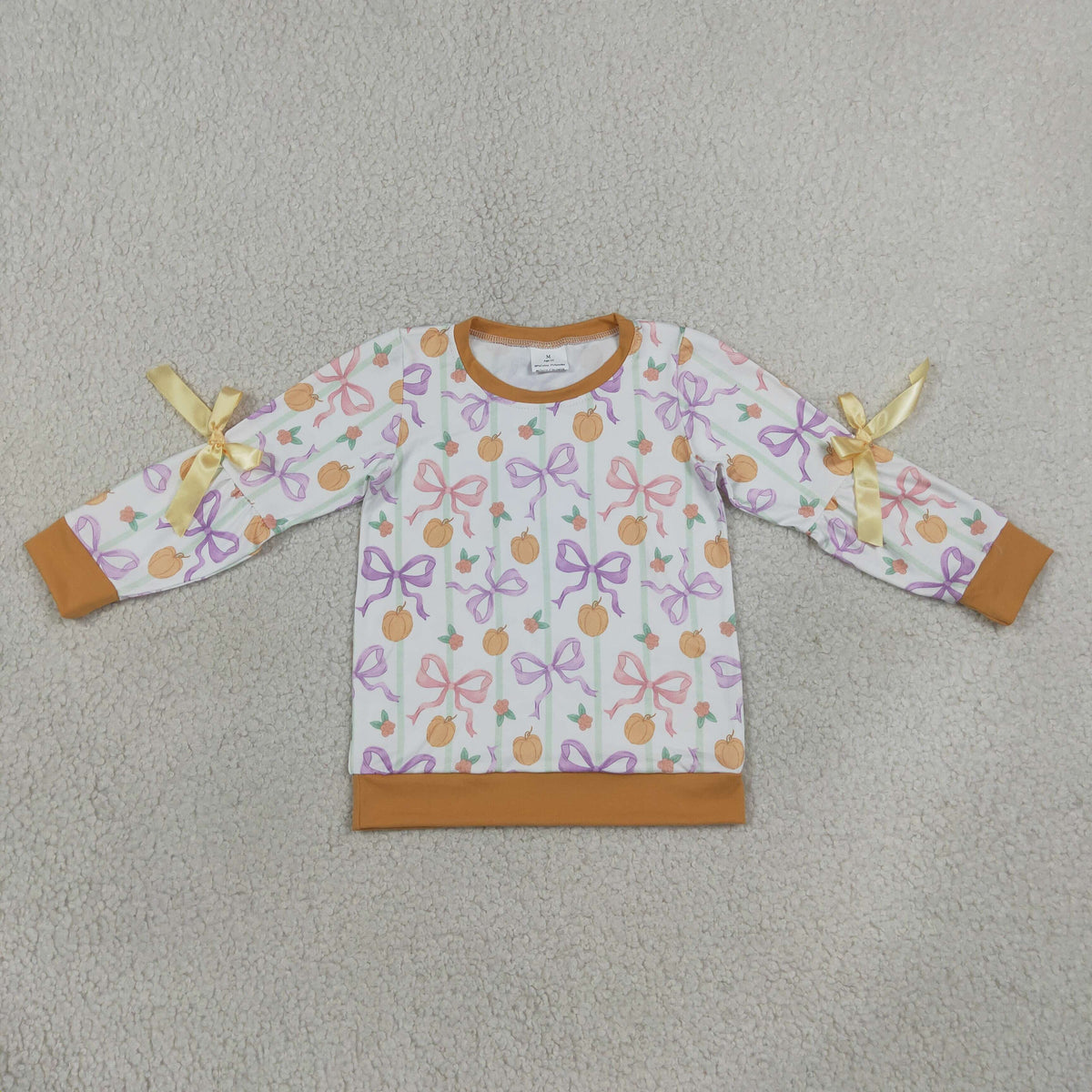 RTS NO MOQ Sibling milk silk Baby Girls Long Sleeve Colorful Stripe Bows Pumpkins Fall T-shirt Top