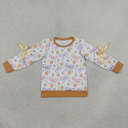 RTS NO MOQ Sibling milk silk Baby Girls Long Sleeve Colorful Stripe Bows Pumpkins Fall T-shirt Top