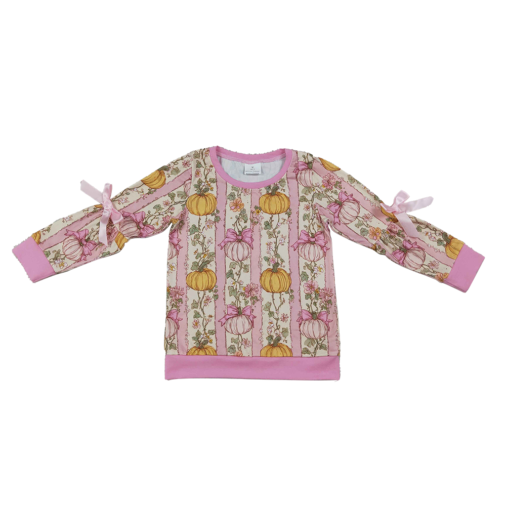 RTS NO MOQ Sibling milk silk Baby Girls Long Sleeve Colorful Stripe Bows Pumpkins Fall T-shirt Top