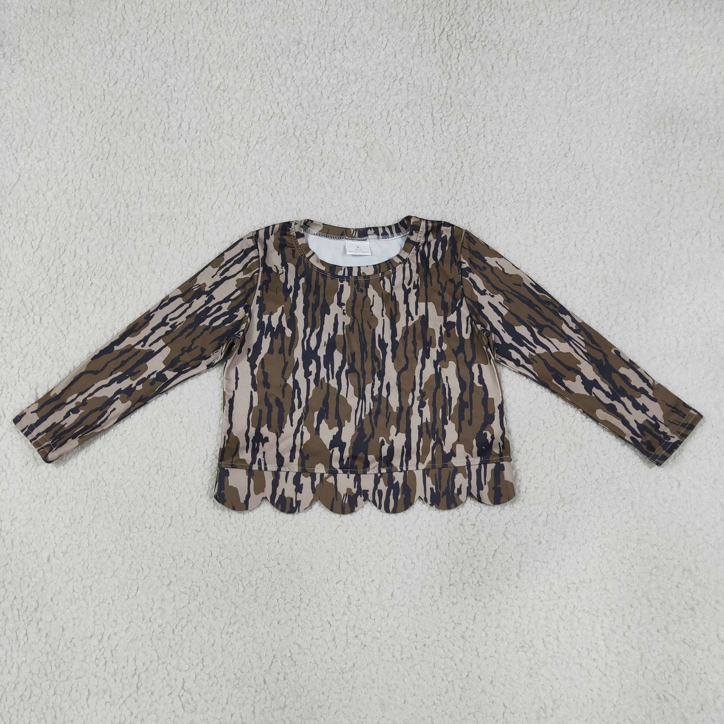 NEW RTS NO MOQ milk silk GLD1615( GT1686+GLK0298) Baby Girls Long Sleeve Southern Olive Wood Camo Scallop T-shirts Top Set