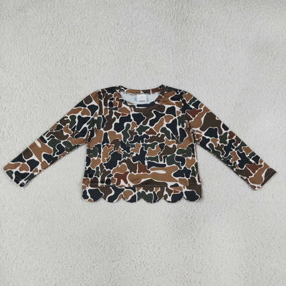 NEW RTS NO MOQ milk silk GLD1617（GT1688+GLK0300 ）Baby Girls Dark Brown Camo Long Sleeve Scallop Hem Top Skort Clothes Set