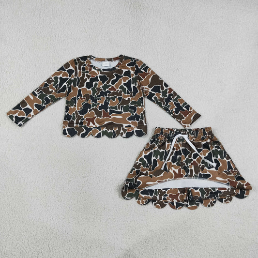 NEW RTS NO MOQ milk silk GLD1617（GT1688+GLK0300 ）Baby Girls Dark Brown Camo Long Sleeve Scallop Hem Top Skort Clothes Set