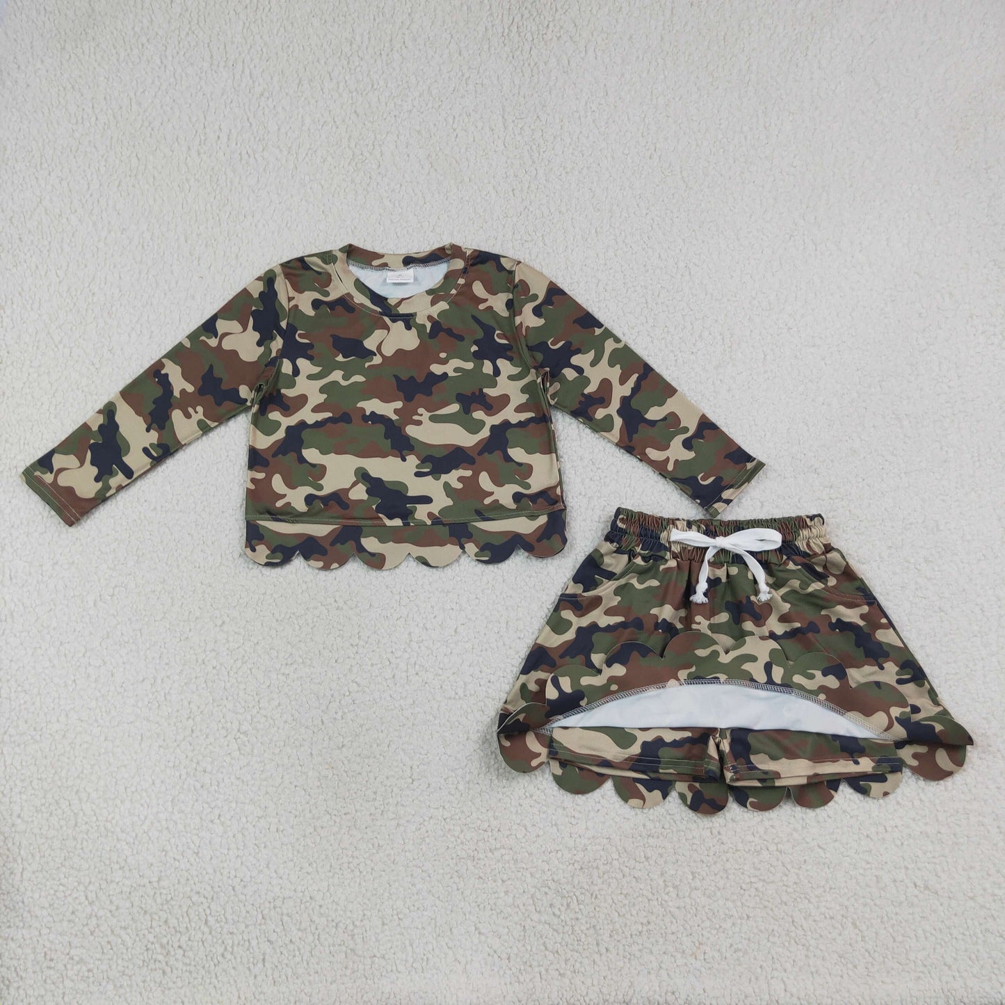 NEW RTS NO MOQ milk silk GLD1620（ GT1691+GLK0303) Baby Girls Southern Green Camo Scallop Pockets Set