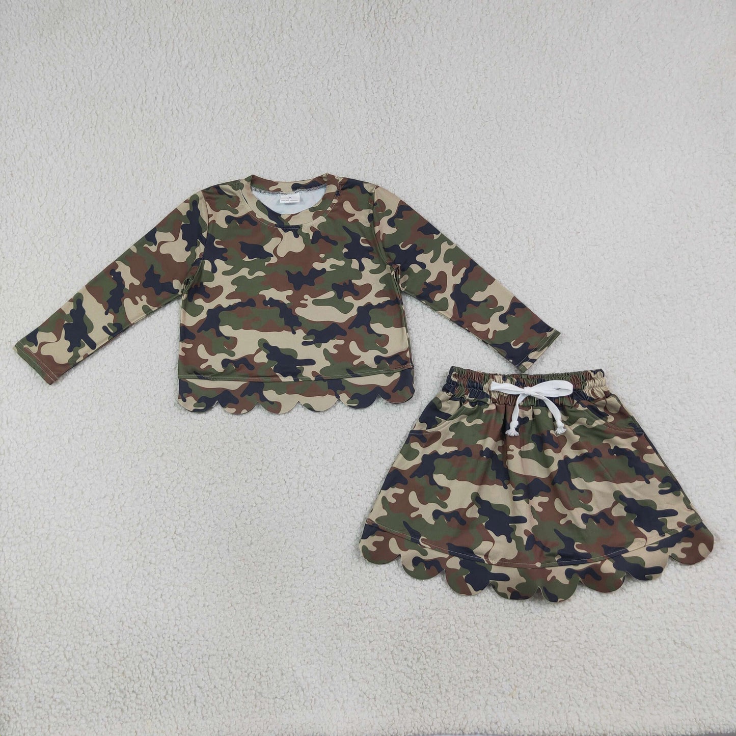 NEW RTS NO MOQ milk silk GLD1620（ GT1691+GLK0303) Baby Girls Southern Green Camo Scallop Pockets Set