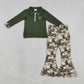 NEW RTS NO MOQ milk silk GLP3369（GT1694+P1035） Embroidery Baby Girls Green Deer Embroidery Zip Pocket Top Scallop Pants Casual Outfit Sets