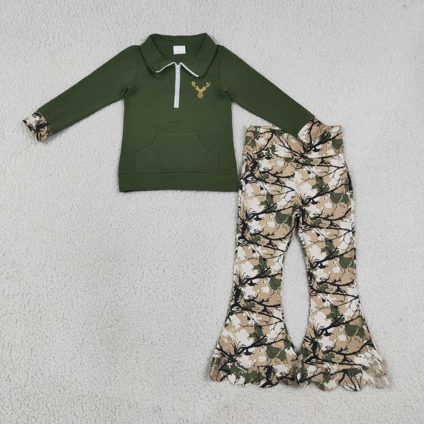 NEW RTS NO MOQ milk silk GLP3369（GT1694+P1035） Embroidery Baby Girls Green Deer Embroidery Zip Pocket Top Scallop Pants Casual Outfit Sets