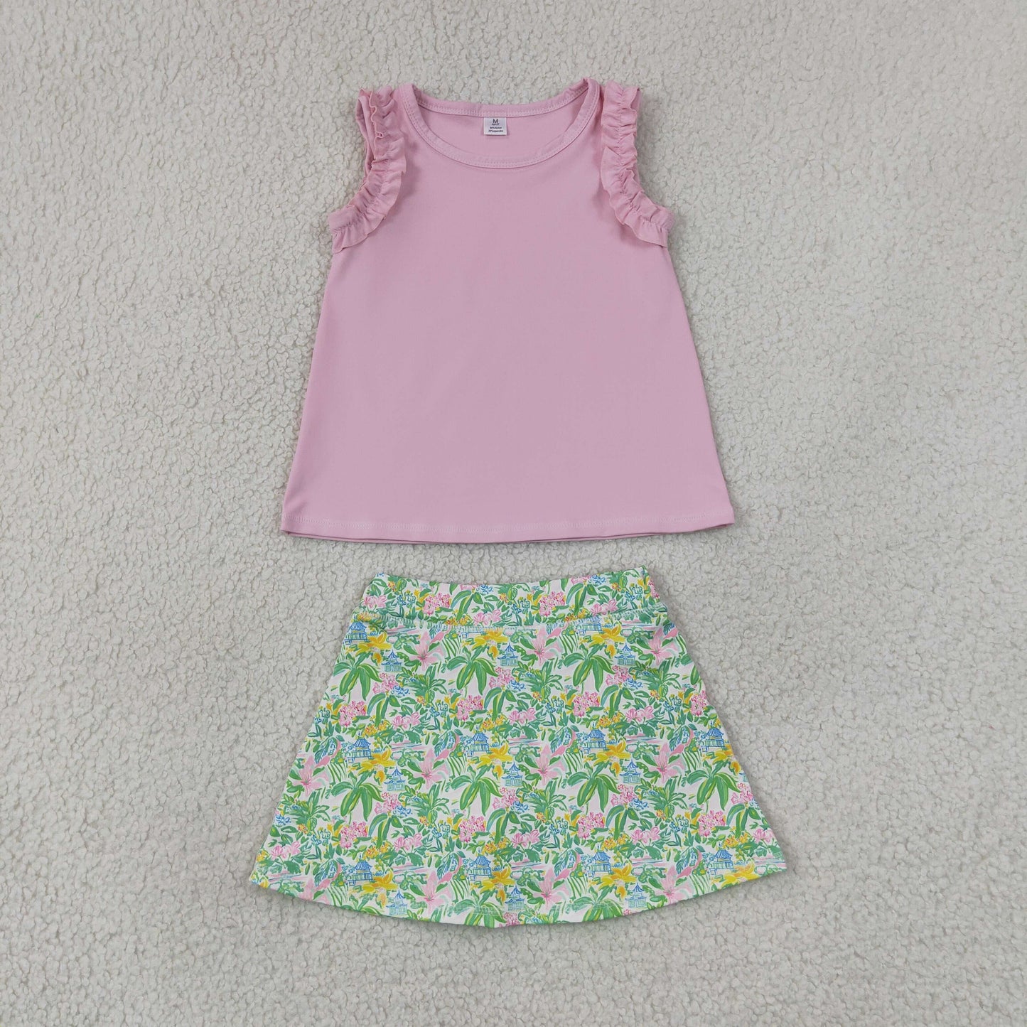 NEW RTS NO MOQ yoga fabric GSD4217（GT1701+GLK0311）Baby Girls Light Pink Sea World Print Tunic Top Scallop Skort Yoga Active Clothes Set