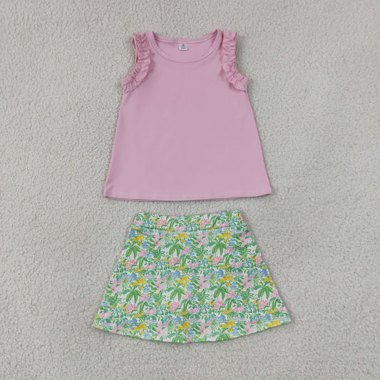 NEW RTS NO MOQ yoga fabric GSD4217（GT1701+GLK0311）Baby Girls Light Pink Sea World Print Tunic Top Scallop Skort Yoga Active Clothes Set