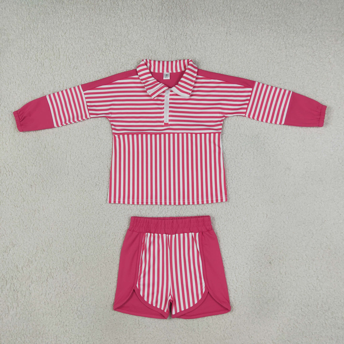 NEW RTS NO MOQ yoga fabric GLS0106 (GT1715+SS0949) Yoga Baby Girls Pink Stripe Print Zip Pullover Matching Shorts Two Piece Yoga Active Clothes Set
