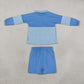 NEW RTS NO MOQ yoga GLS0107（GT1716+SS0950）Baby Girls Blue Stripe Yoga Active Zip Pullovers Tops Shorts Bottom Set
