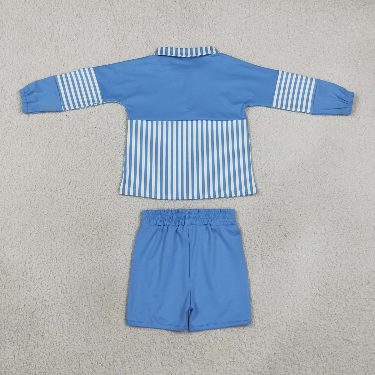 NEW RTS NO MOQ yoga GLS0107（GT1716+SS0950）Baby Girls Blue Stripe Yoga Active Zip Pullovers Tops Shorts Bottom Set