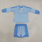 NEW RTS NO MOQ yoga GLS0107（GT1716+SS0950）Baby Girls Blue Stripe Yoga Active Zip Pullovers Tops Shorts Bottom Set