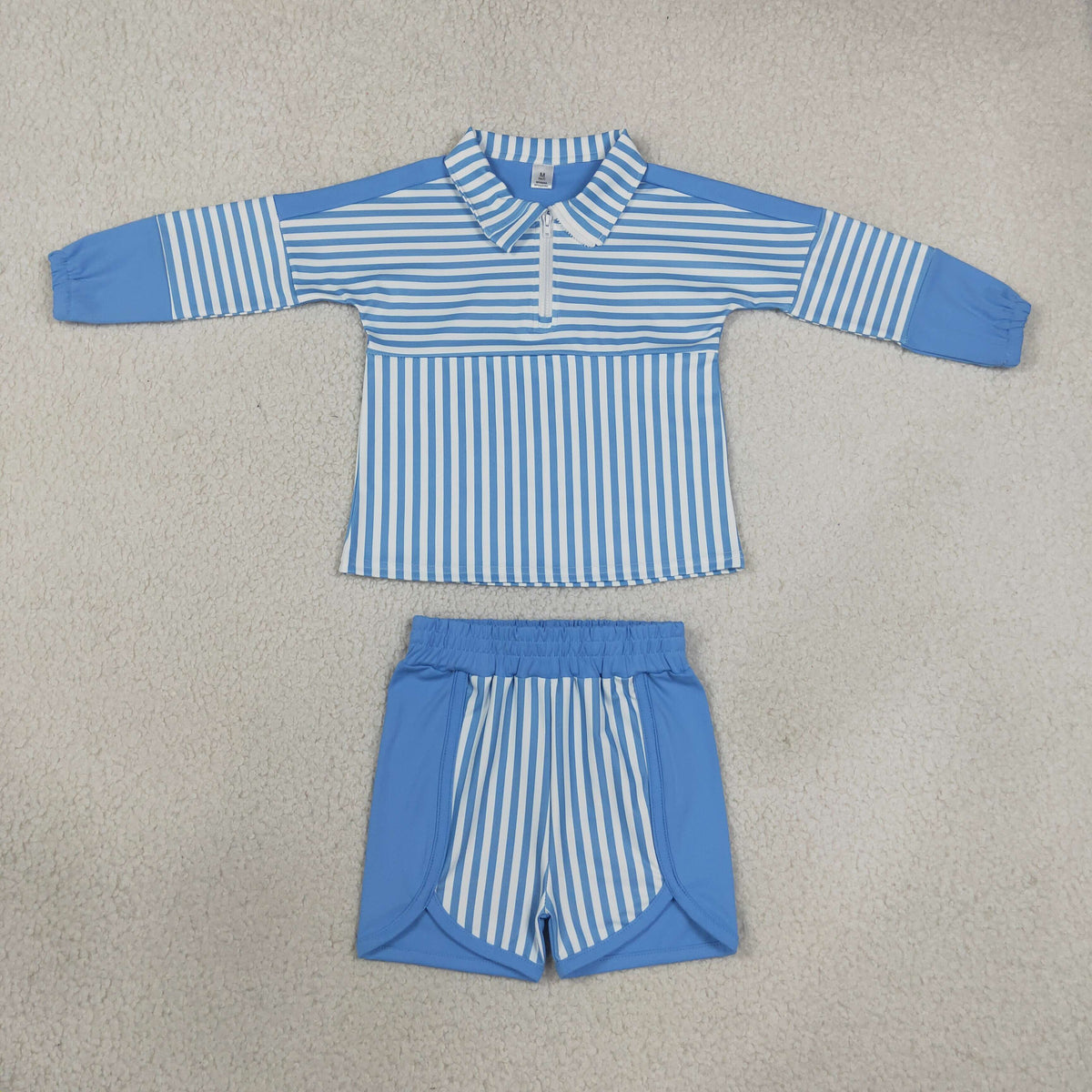 NEW RTS NO MOQ yoga GLS0107（GT1716+SS0950）Baby Girls Blue Stripe Yoga Active Zip Pullovers Tops Shorts Bottom Set