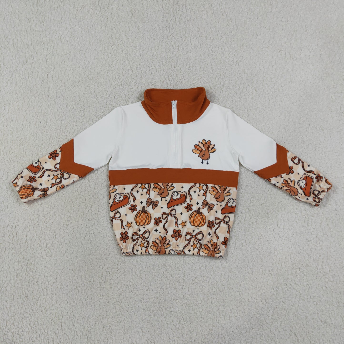 NEW RTS NO MOQ milk silk GT1723 Baby Girls Turkey Bow Pumpkin Print Zip Pullover Thanksgiving Casual Top