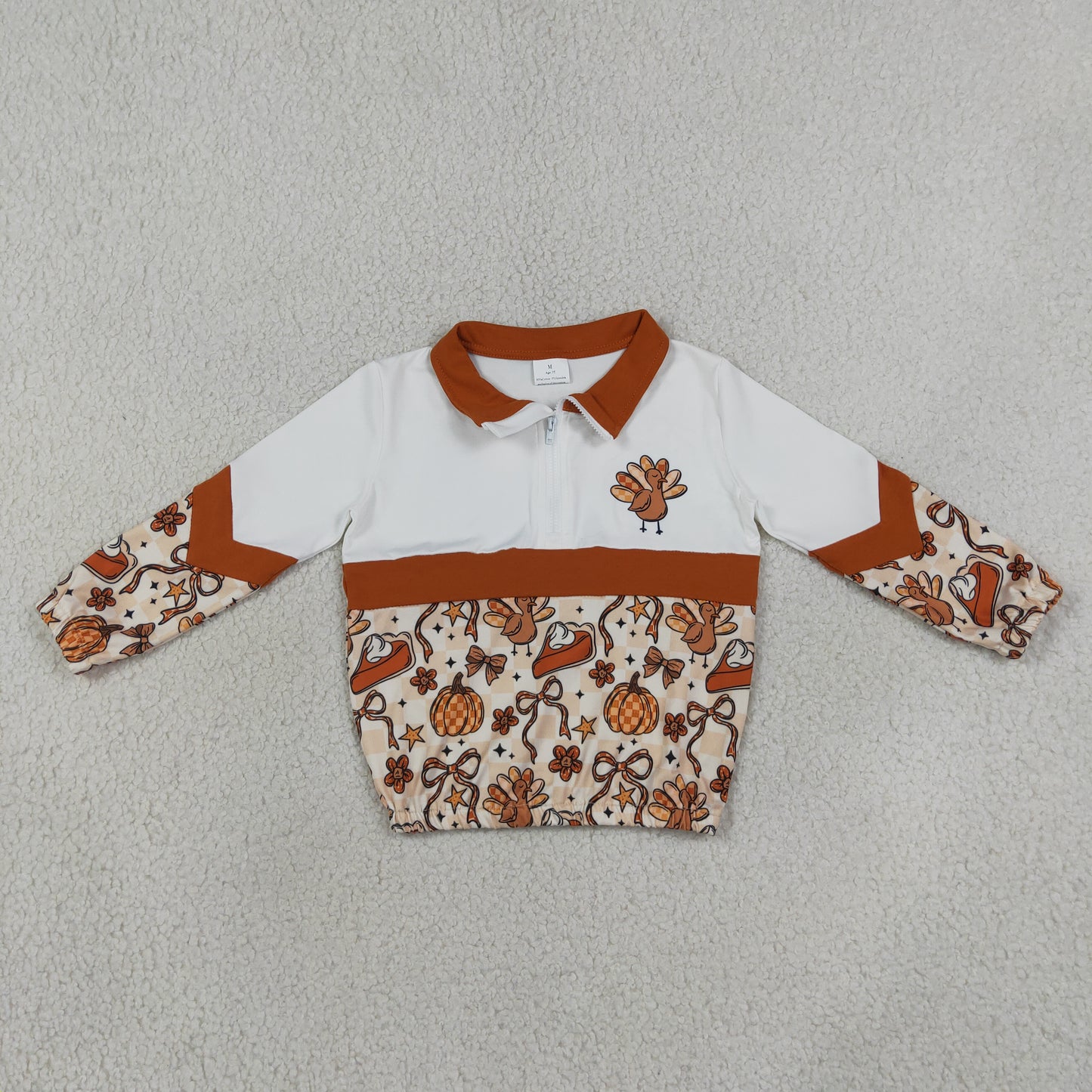 NEW RTS NO MOQ milk silk GT1723 Baby Girls Turkey Bow Pumpkin Print Zip Pullover Thanksgiving Casual Top