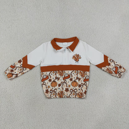 NEW RTS NO MOQ milk silk GT1723 Baby Girls Turkey Bow Pumpkin Print Zip Pullover Thanksgiving Casual Top