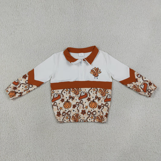 NEW RTS NO MOQ milk silk GT1723 Baby Girls Turkey Bow Pumpkin Print Zip Pullover Thanksgiving Casual Top
