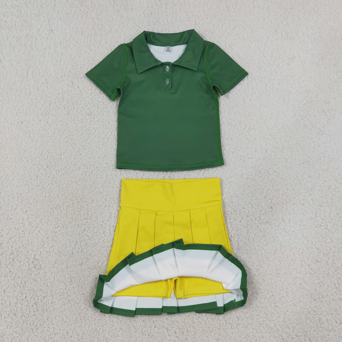 NEW RTS NO MOQ yoga fabric cotton GT1727+GLK0319 Yoga Baby Girls Green Short Sleeve Yoga Active Button Polo Shirts Top Daily Top Yellow Green White Yoga Active Pleated Skirt Short Bottoms Sets