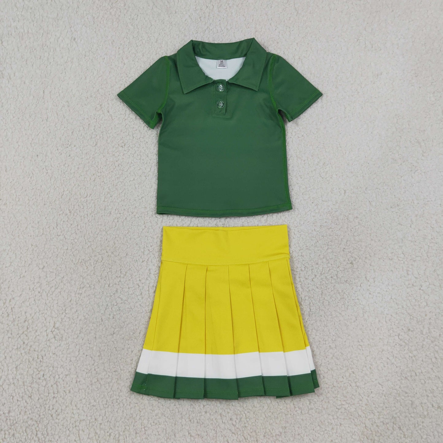 NEW RTS NO MOQ yoga fabric cotton GT1727+GLK0319 Yoga Baby Girls Green Short Sleeve Yoga Active Button Polo Shirts Top Daily Top Yellow Green White Yoga Active Pleated Skirt Short Bottoms Sets