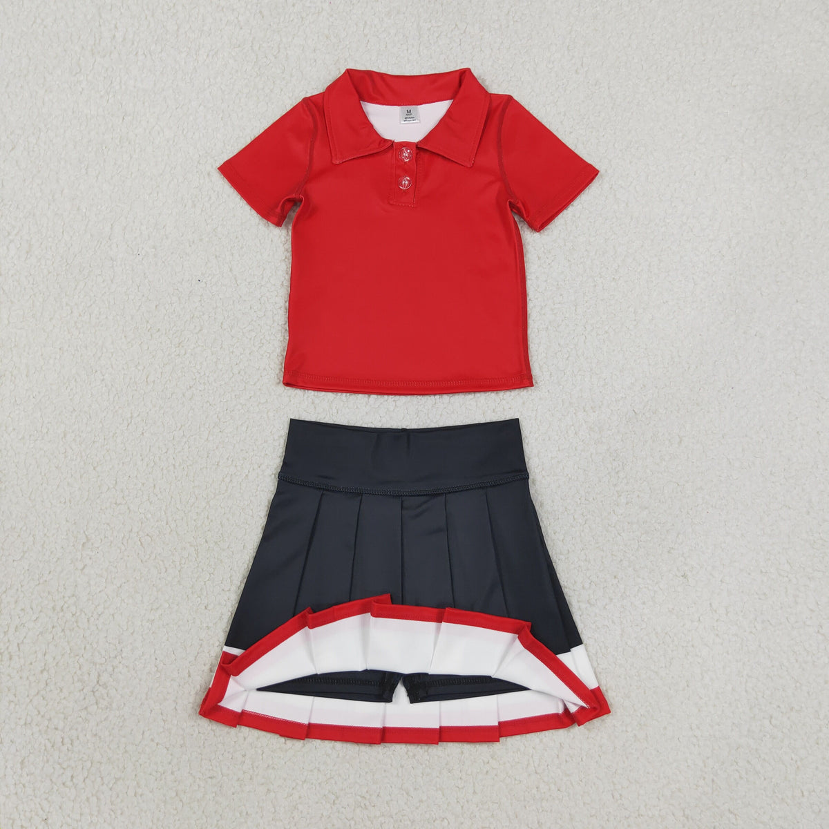 NEW RTS NO MOQ yoga fabric cotton GSD4262（ GT1728+GLK0320）Baby Girls Red Short Sleeve Yoga Active Button Polo Shirts Top Skirt Short Bottoms Set