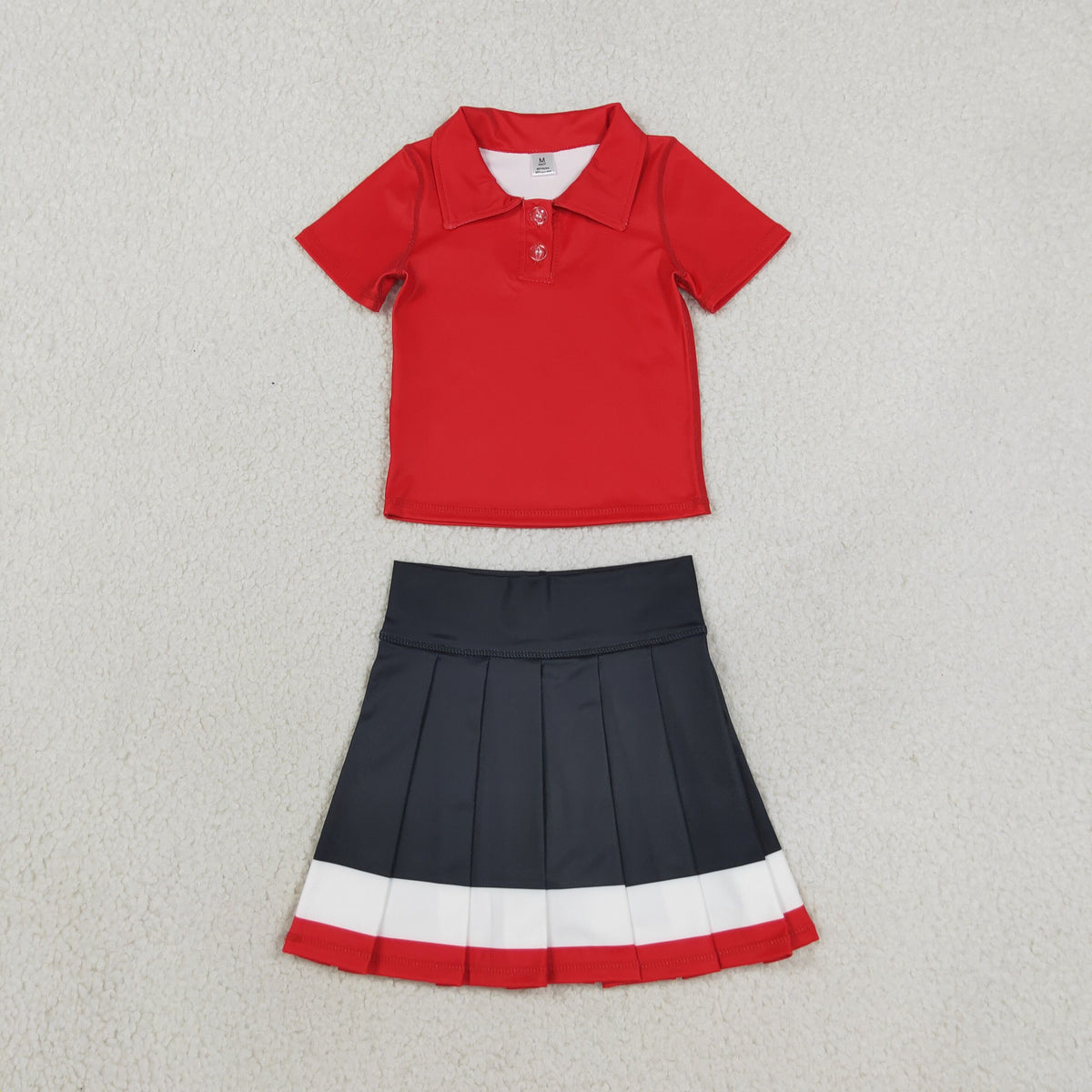 NEW RTS NO MOQ yoga fabric cotton GSD4262（ GT1728+GLK0320）Baby Girls Red Short Sleeve Yoga Active Button Polo Shirts Top Skirt Short Bottoms Set
