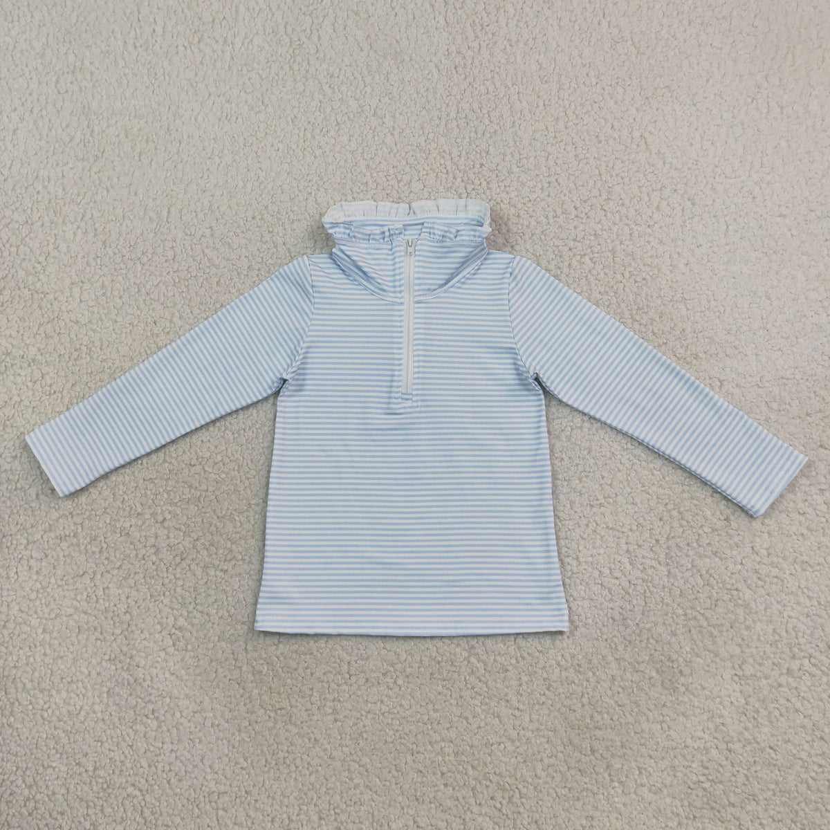 NEW RTS NO MOQ milk silk GT1755 Baby Girls Long Sleeve Light Blue Stripe Zip Ruffle Pullovers Top