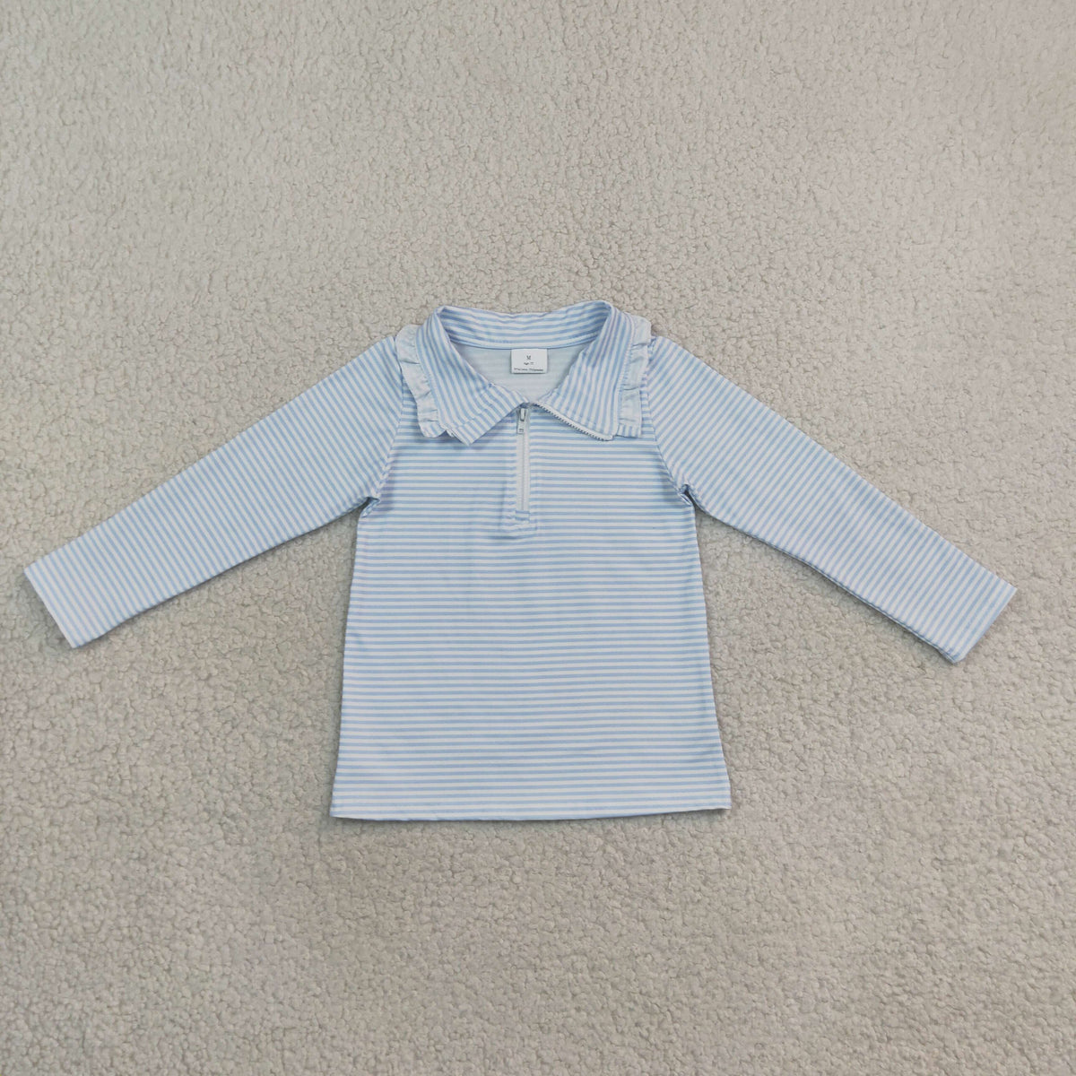 NEW RTS NO MOQ milk silk GT1755 Baby Girls Long Sleeve Light Blue Stripe Zip Ruffle Pullovers Top