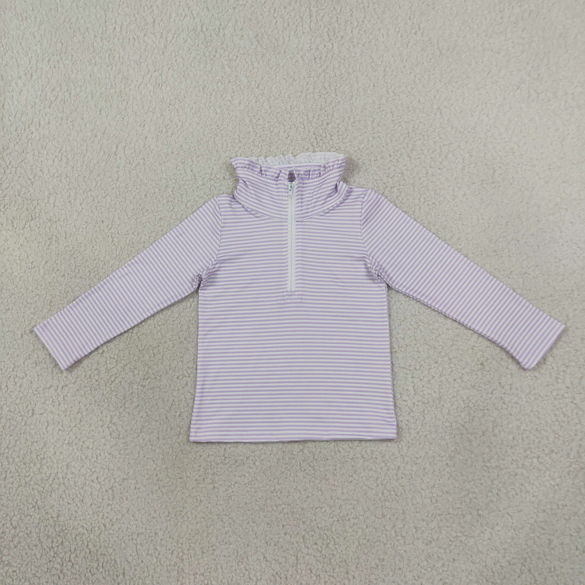 NEW RTS NO MOQ milk silk GT1758 Baby Girls Long Sleeve Lavender Stripe Zip Ruffle Pullovers Top