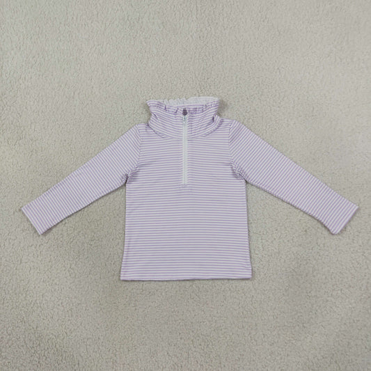 NEW RTS NO MOQ milk silk GT1758 Baby Girls Long Sleeve Lavender Stripe Zip Ruffle Pullovers Top