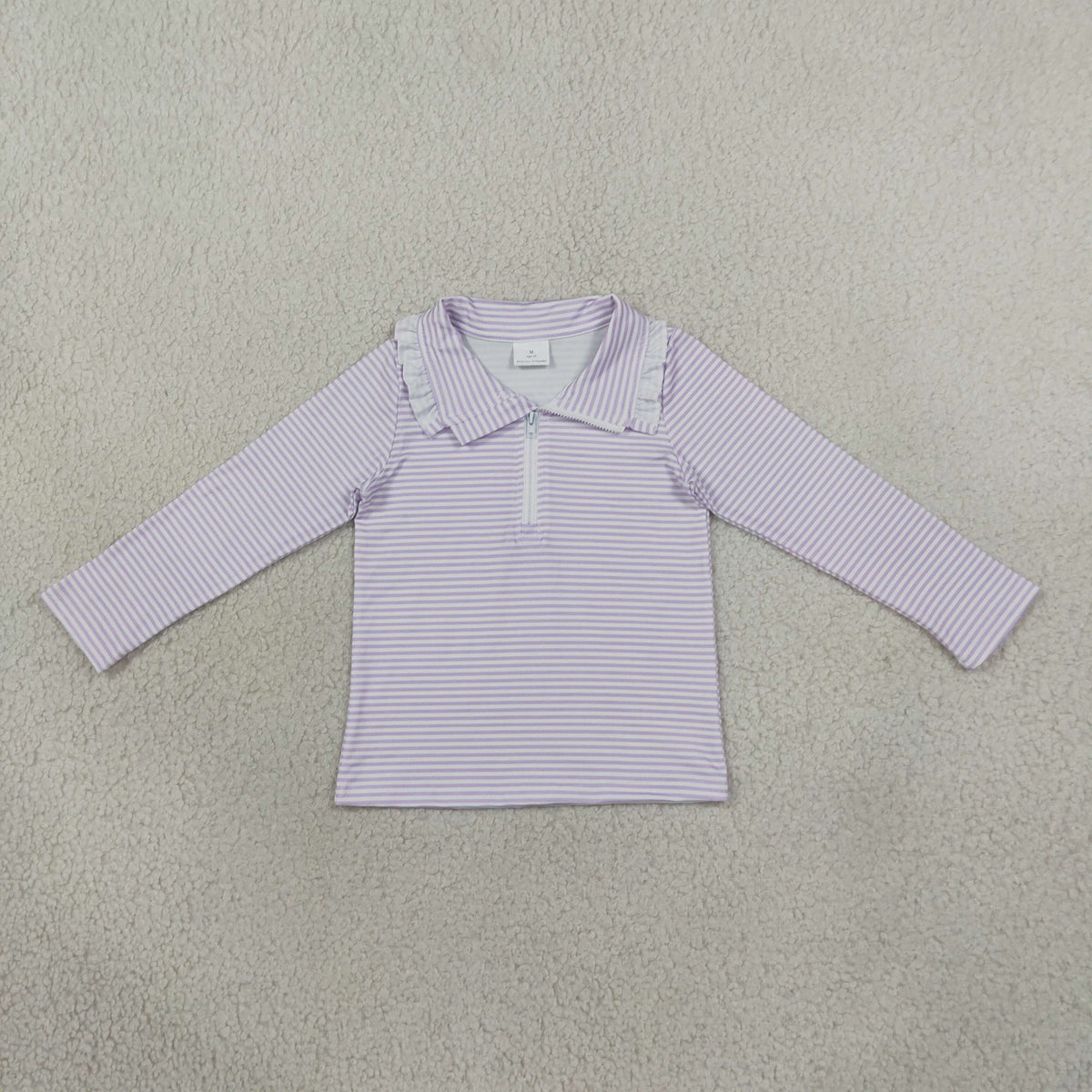 NEW RTS NO MOQ milk silk GT1758 Baby Girls Long Sleeve Lavender Stripe Zip Ruffle Pullovers Top
