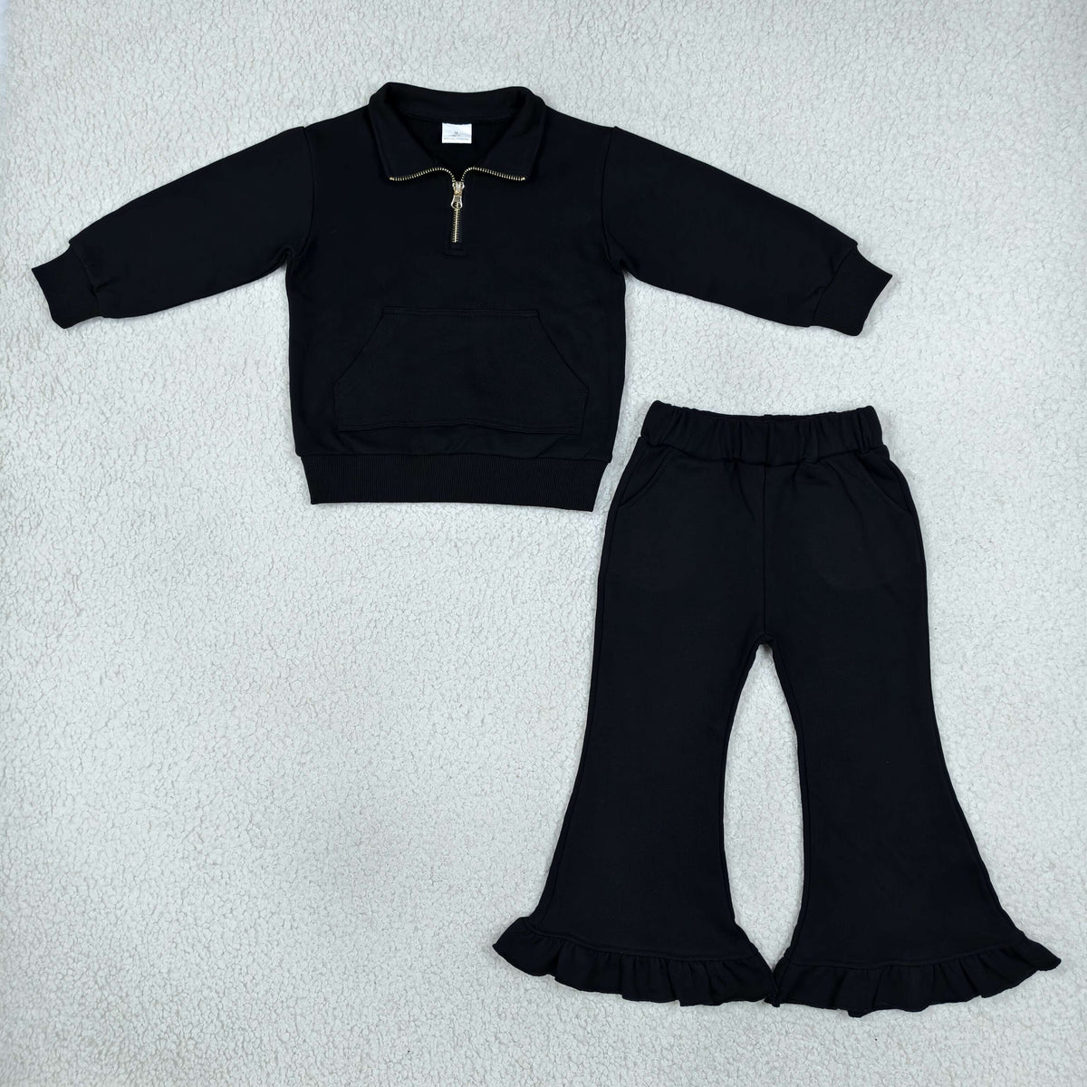 NEW RTS NO MOQ Sweater Fabric （GT1764+P1072） Baby Girls Black Long Sleeve Sweater Fabric Zip Pockets Pullovers Top pant set