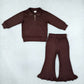 RTS NO MOQ Sibling fleece Baby Girls Fall Solid Pullover Quarter Zip Sweatshirt Ruffle Bell Bottom Outfit