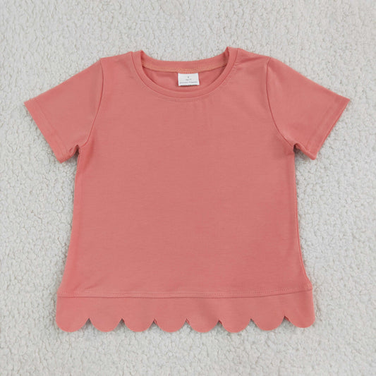 NEW RTS NO MOQ cotton GT1768 Baby Girls Pink Short Sleeve Scallop T‑shirts Top Summer Spring Casual Pullover Tees