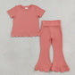 NEW RTS NO MOQ cotton GSPO2338（GT1768+P1076）Baby Girls Pink Short Sleeve Shirts Top Flare Pant Scallop Outfit