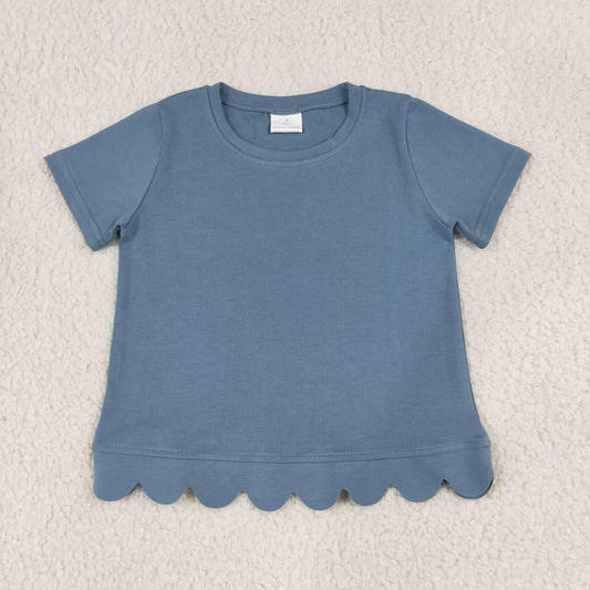 NEW RTS NO MOQ cotton GT1769 Baby Girls Blue Short Sleeve Scallop T‑shirts Top Summer Spring Casual Pullover Tees