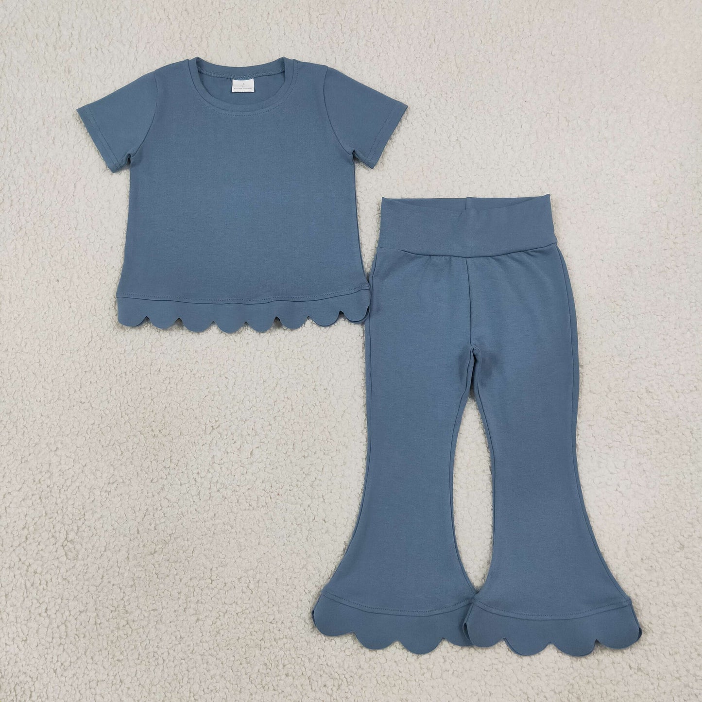 NEW RTS NO MOQ cotton GSPO2339（GT1769+P1077）Baby Girls Blue Short Sleeve Shirts Top Flare Pant Scallop Sets