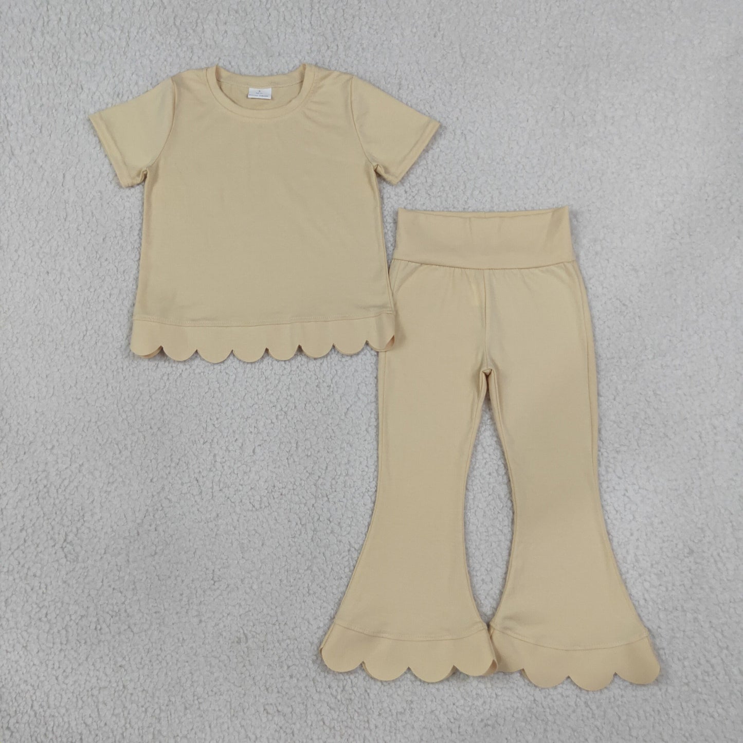 NEW RTS NO MOQ cotton GSPO2340（GT1770+P1078）Baby Girls White Short Sleeve Shirts Top Flare Pant Scallop Sets