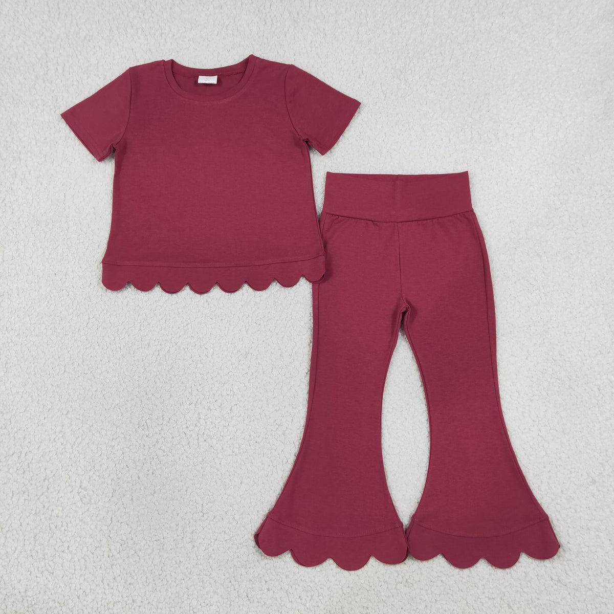 NEW RTS NO MOQ cotton GSPO2341（GT1771+P1079）Baby Girls Red Short Sleeve Shirts Top Flare Pant Scallop Clothes Sets