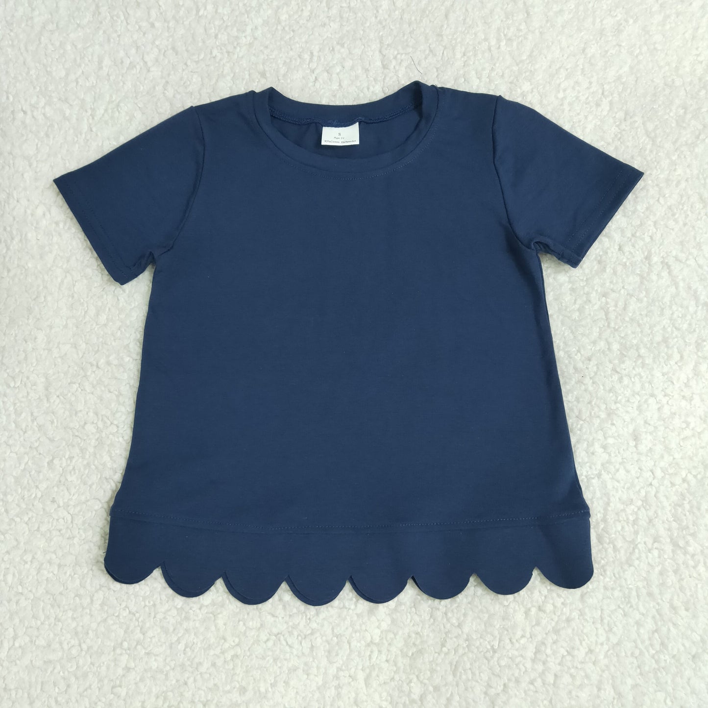 NEW RTS NO MOQ cotton GT1773 Baby Girls Navy Blue Short Sleeve Scallop T‑shirts Top Summer Spring Casual Pullover Tees