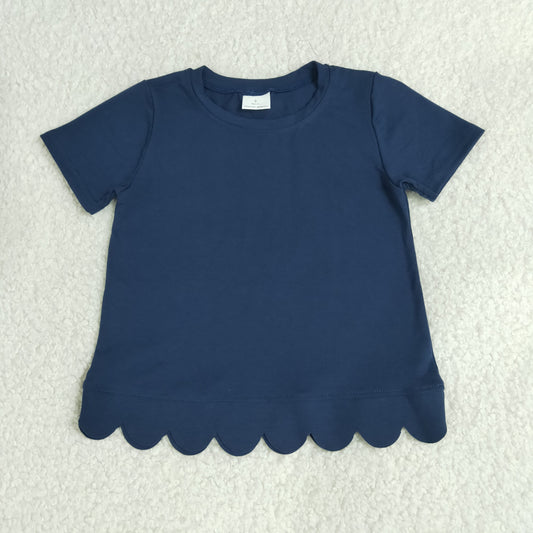 NEW RTS NO MOQ cotton GT1773 Baby Girls Navy Blue Short Sleeve Scallop T‑shirts Top Summer Spring Casual Pullover Tees
