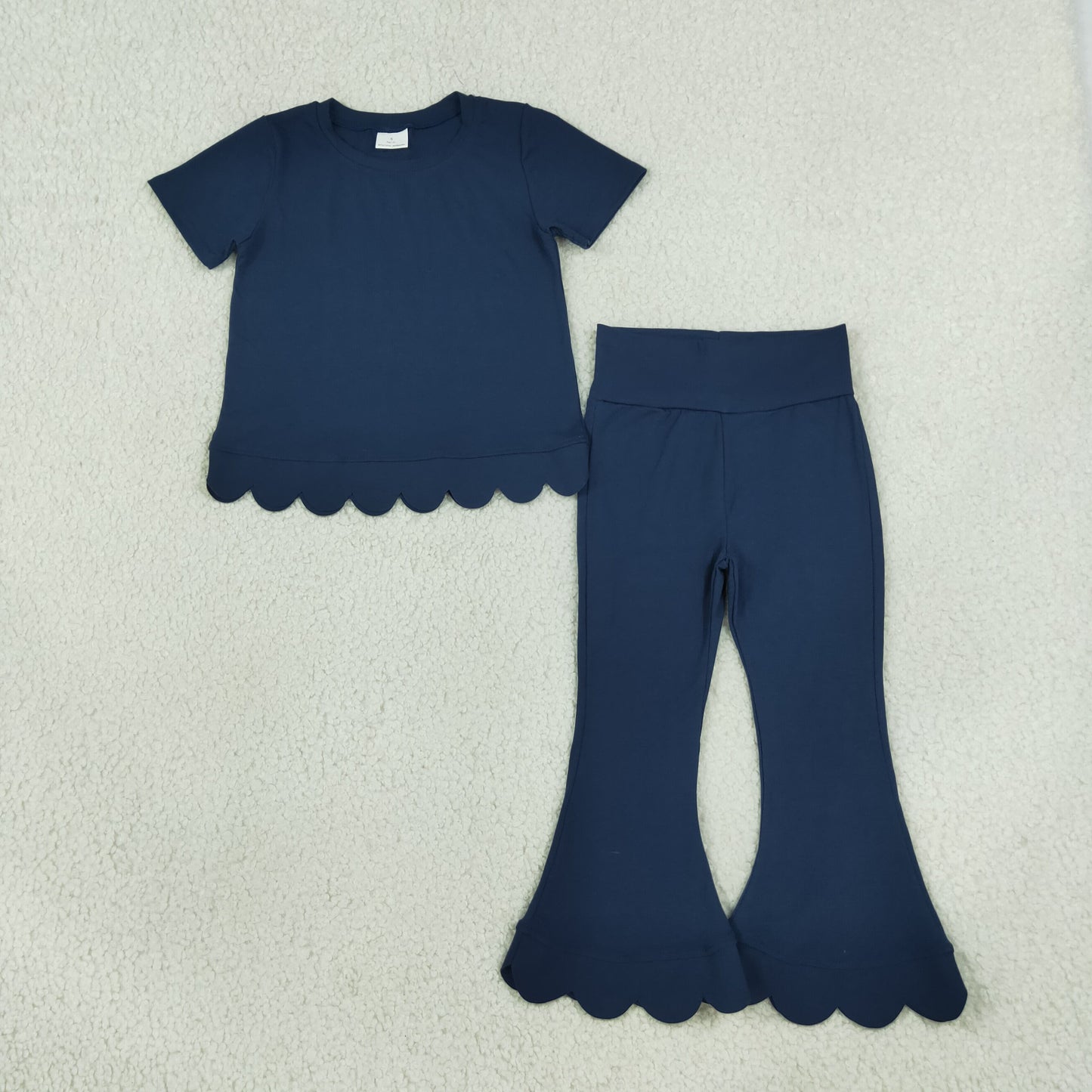 NEW RTS NO MOQ cotton GSPO2343（GT1773+P1081）Baby Girls Navy Short Sleeve Shirts Top Flare Pant Scallop Sets