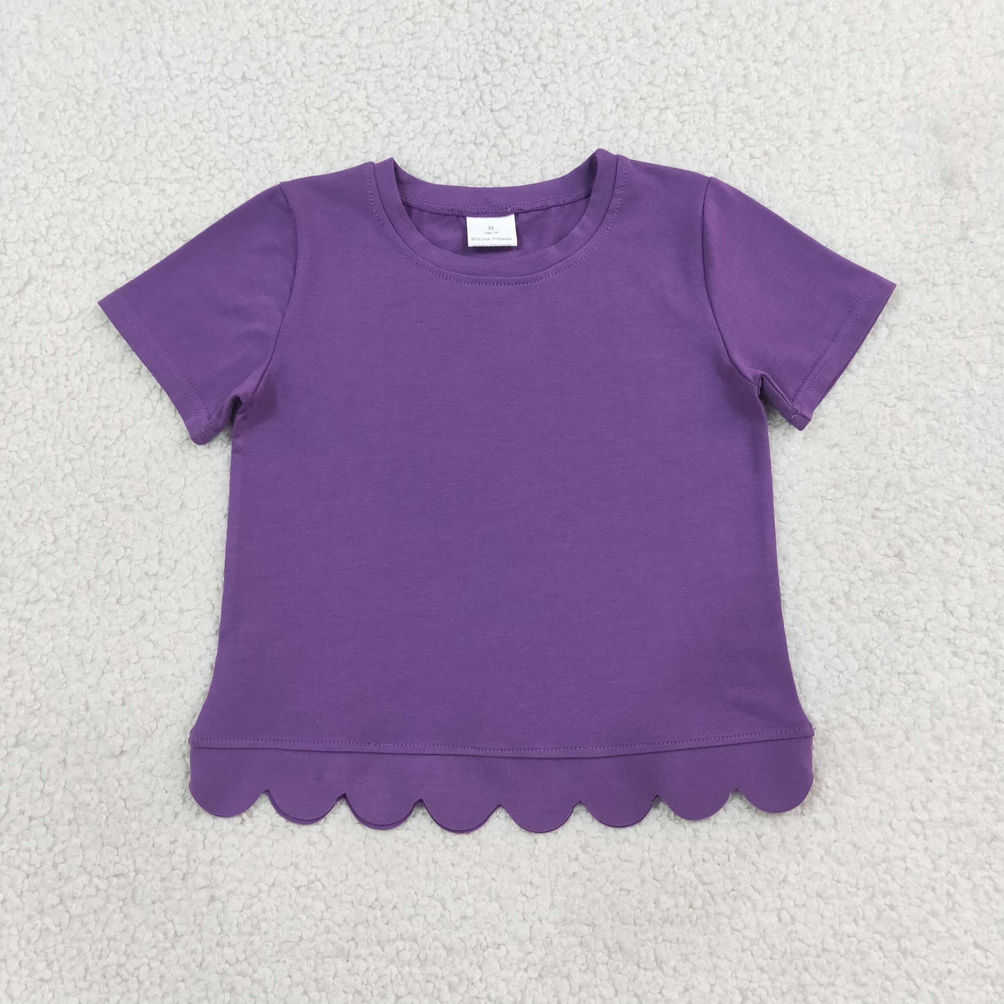 NEW RTS NO MOQ cotton GT1776 Baby Girls Purple Short Sleeve Scallop T‑shirts Top Summer Spring Casual Pullover Tees