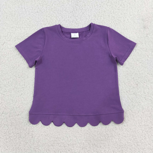 NEW RTS NO MOQ cotton GT1776 Baby Girls Purple Short Sleeve Scallop T‑shirts Top Summer Spring Casual Pullover Tees