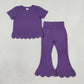 NEW RTS NO MOQ cotton GSPO2346 (GT1776+P1084) Baby Girls Purple Short Sleeve Shirts Top Flare Pant Scallop Clothes Sets