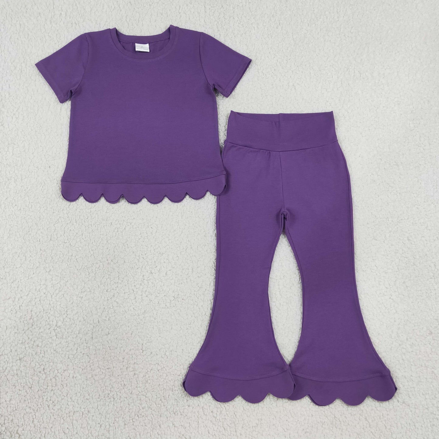 NEW RTS NO MOQ cotton GSPO2346 (GT1776+P1084) Baby Girls Purple Short Sleeve Shirts Top Flare Pant Scallop Clothes Sets